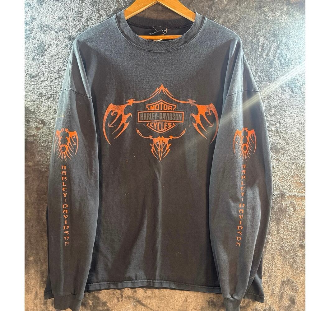 VTG 90s Harley Davidson Orange Tribal Flame LS T Shirt XXL Stockholm Sweden BLK